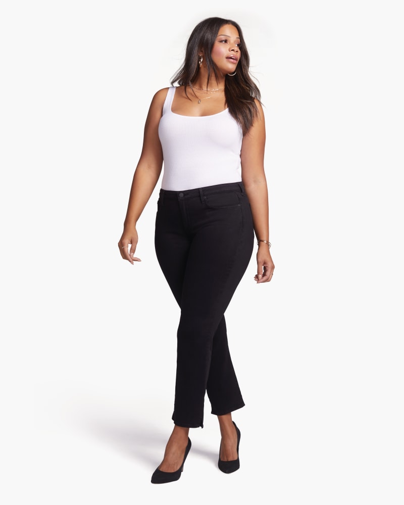 Front of a model wearing a size 14 Stephanie Slim Straight Ankle Jeans in Black by NYDJ. | dia_product_style_image_id:166338